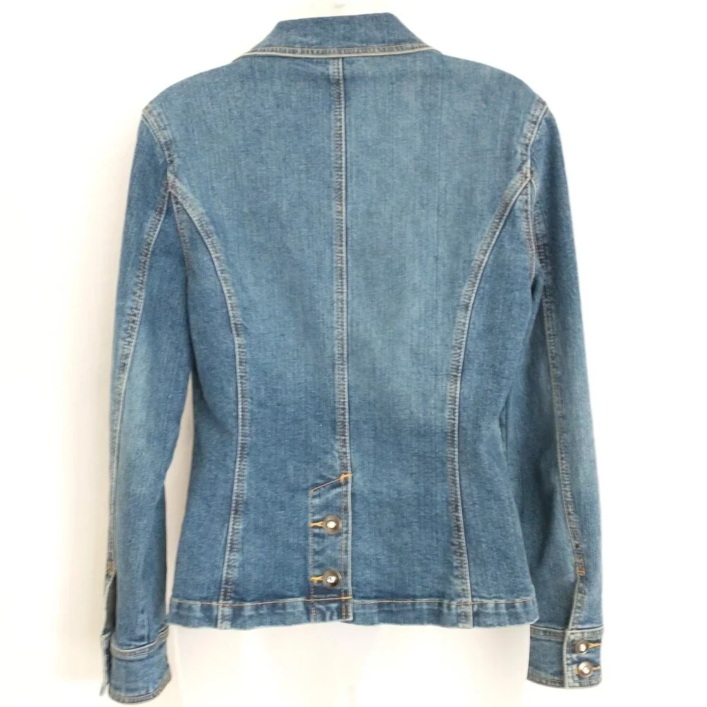 Style & Co Denim Jean Blazer Jacket with Bling Rhinestone Buttons Size S Stretch
